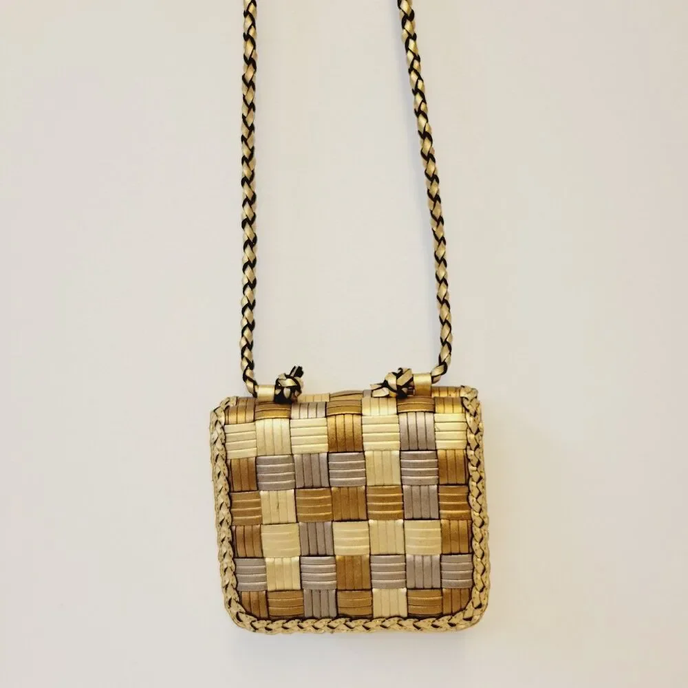 CEM Woven Leather Metallic Crossbody Bag Gold Bronze Small Braided Strap Vintage